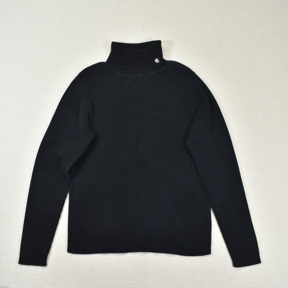 Lauren Ralph Lauren Black Ribbed Turtleneck Sweater Size L Monogram Knit Layer